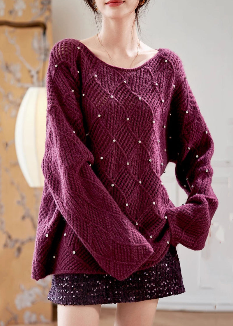 Purple O Neck Zircon Knit Sweaters Fall