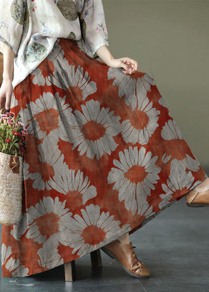 Color Stripes Print Ramie Elastic Waist Skirt