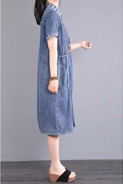 - Summer Blue Short Sleeve Long Denim Dress