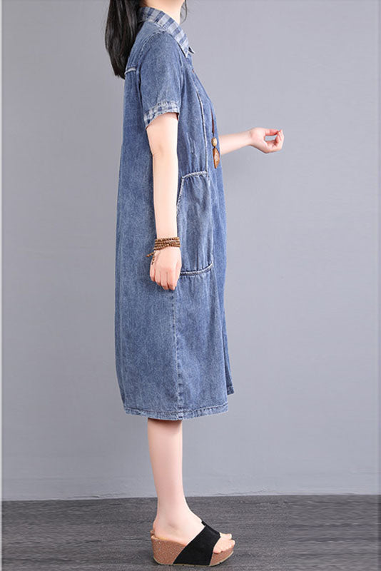 - Summer Blue Short Sleeve Long Denim Dress