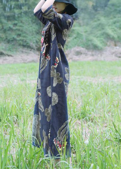Loose Navy Cotton Linen Robes Sleeve Prints Summer Dress