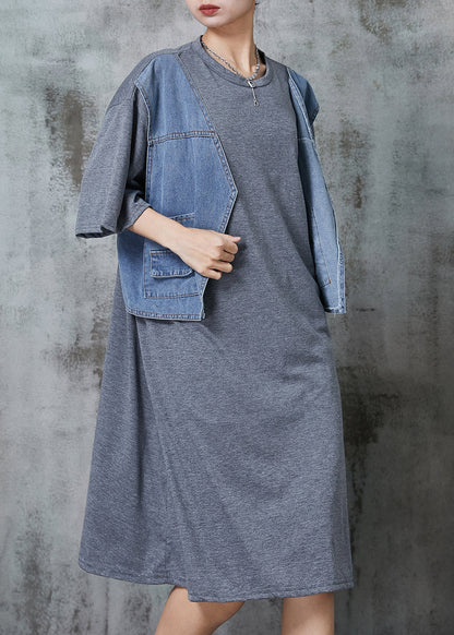 Grey Oversized Patchwork Cotton Robe Dresses Summer