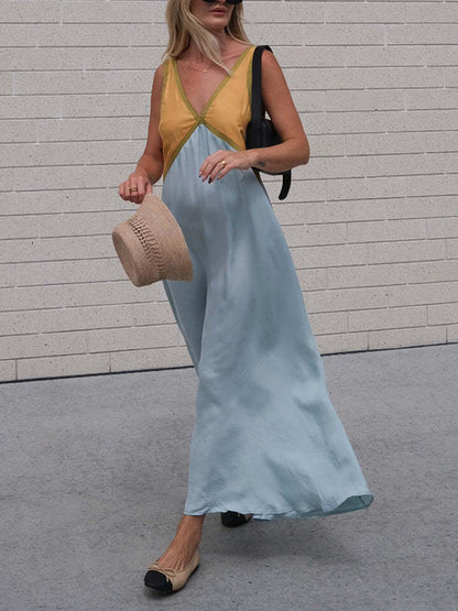V-neck Contrasting Color Splicing Dress