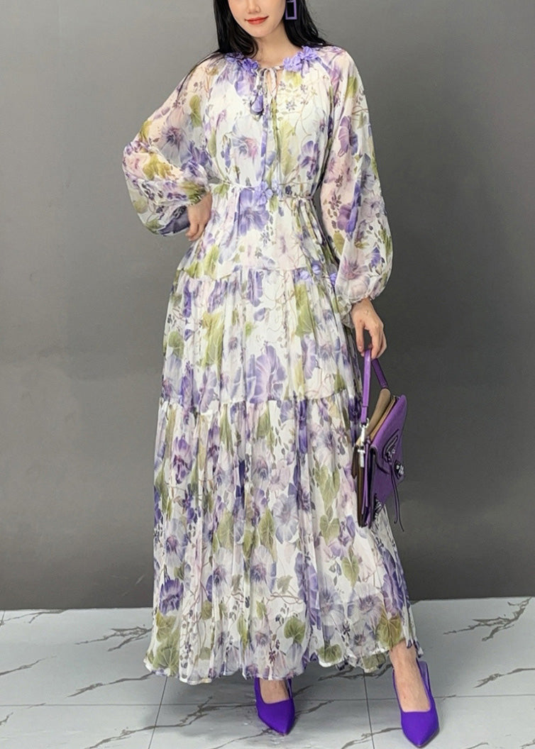 Purple Lace Up Print Chiffon Fall Long Dress