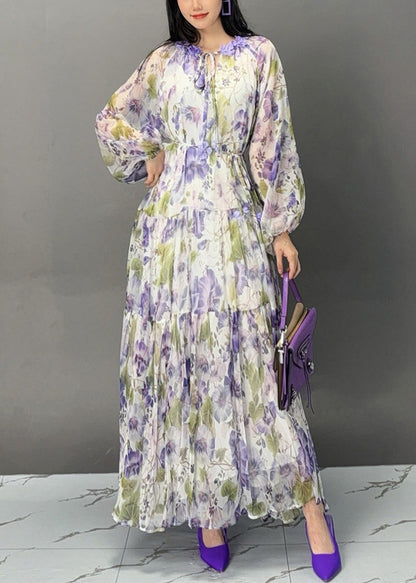 Purple Lace Up Print Chiffon Fall Long Dress