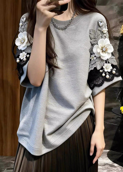 Boutique Grey Nail Bead Tops Short Sleeve