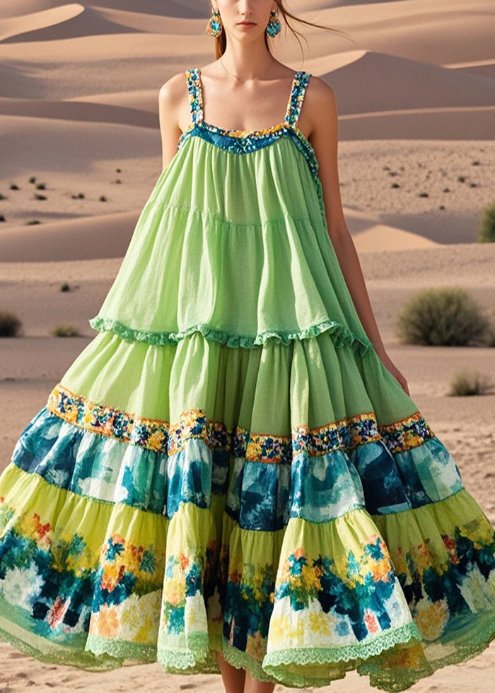 Green Oversized Print Exra Large Hem Cotton Sundress Summer