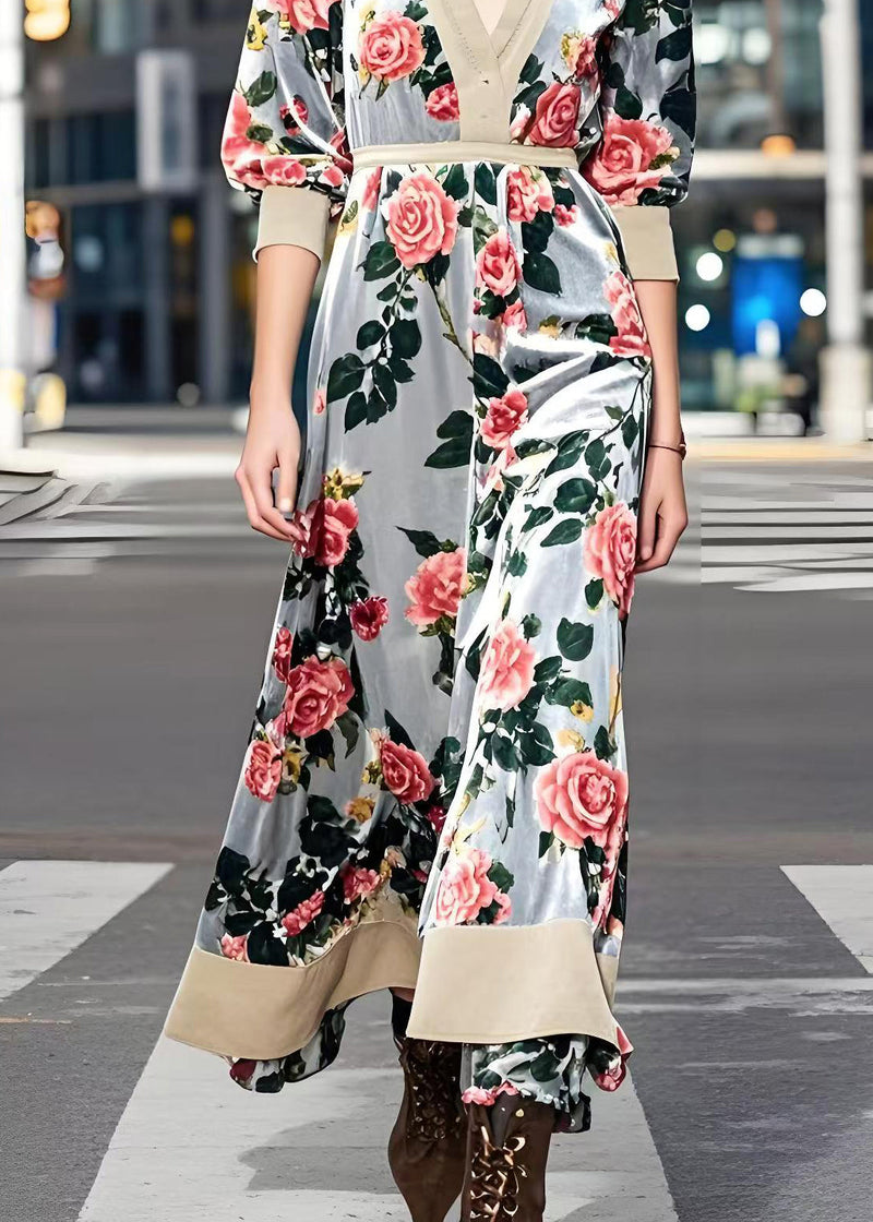 Light Grey Cinched Silk Velvet Maxi Dress Spring