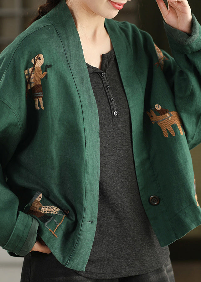 Loose Green V Neck Coats Long Sleeve