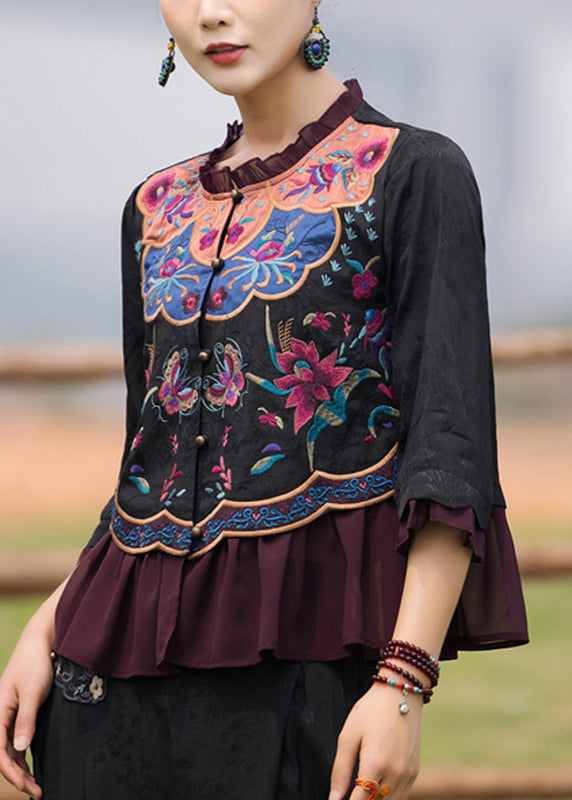 Black O-neck Embroidered Ruffled Chiffon Tops Long Sleeve