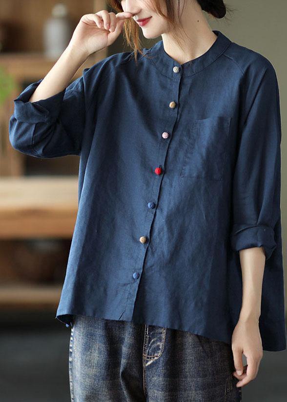 Handmade Khaki Retro O-neck Button Fall Top Long Sleeve