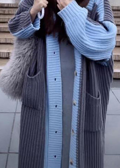 Grey Blue V Neck Pockets Button Knit Loose Cardigan Fall