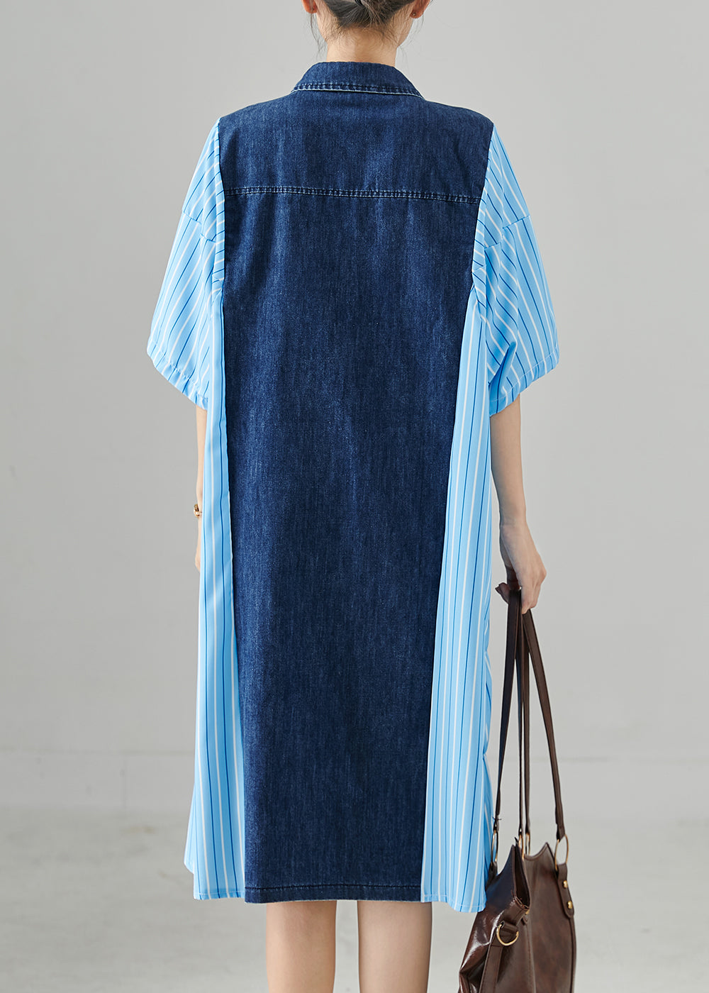 Blue Oversized Patchwork Striped Denim Dresses Summer