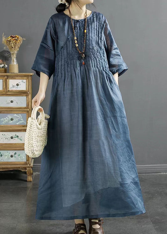 Italian Blue O Neck Embroidered Patchwork Long Linen Dresses Summer