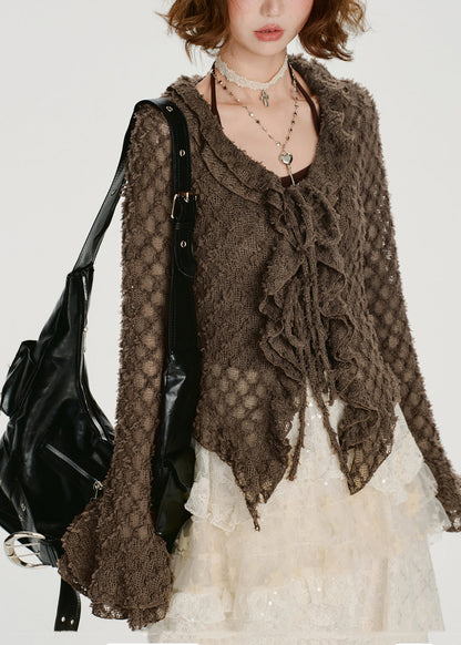 Coffee Ruffled Hollow Out Knit Shirts Flare Sleeve