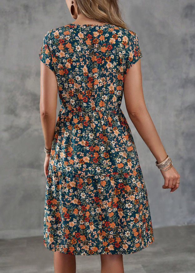 Classy Green O Neck Print Elastic Waist Cotton Dresses Summer
