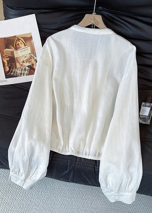 Stylish White Bow Button Cotton Blouses Fall