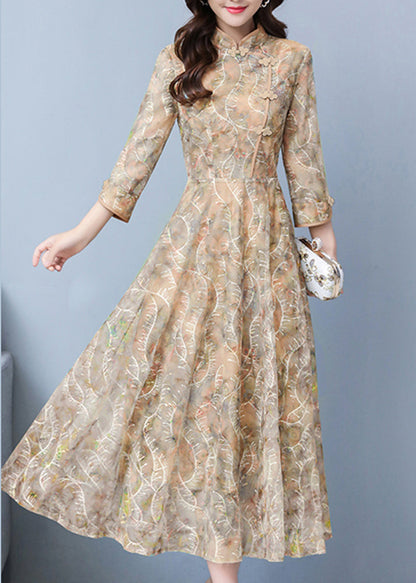 Khaki Print Exra Large Hem Lace Oriental Dresses Spring