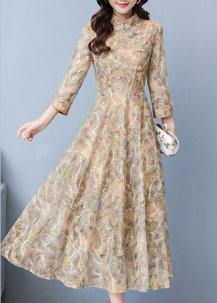 Khaki Print Exra Large Hem Lace Oriental Dresses Spring