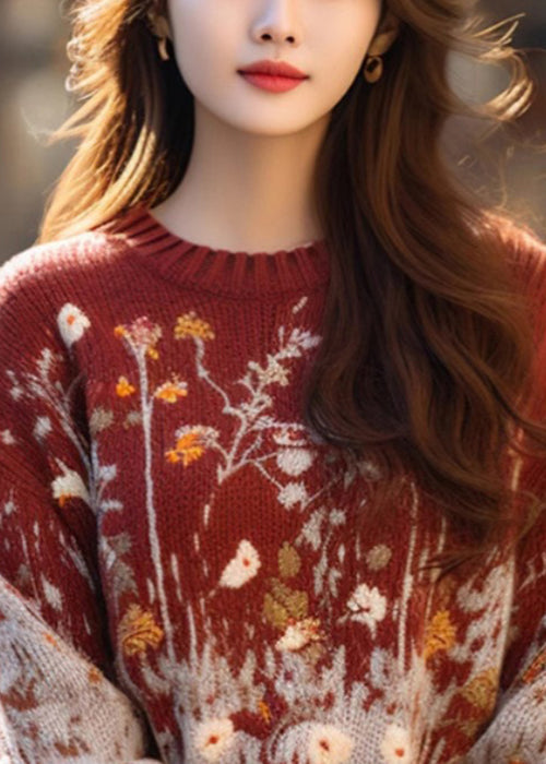 Jacquard Red O-neck Cozy Loose Knit Sweater Winter