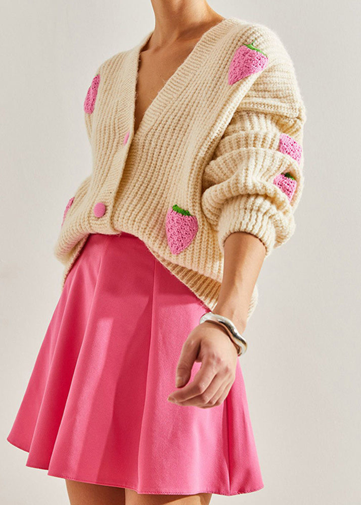 Beige V Neck Hook Flower Knit Cardigan Fall