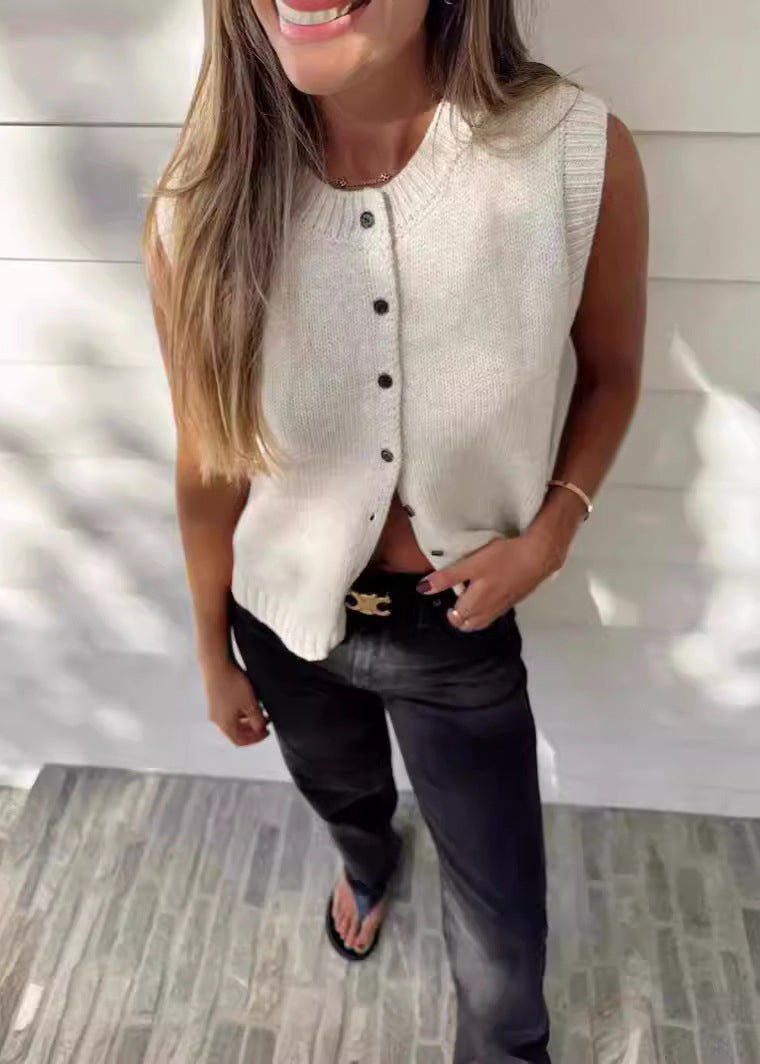 Italian Apricot O Neck Button Knit Vest Cardigans Sleeveless