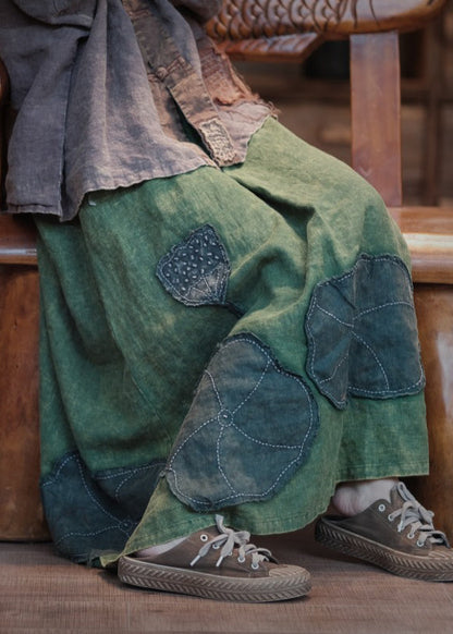 Green Pockets Patch Patchwork Linen Skirt Spring