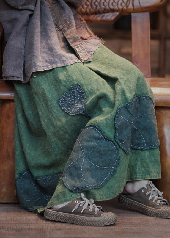 Green Pockets Patch Patchwork Linen Skirt Spring