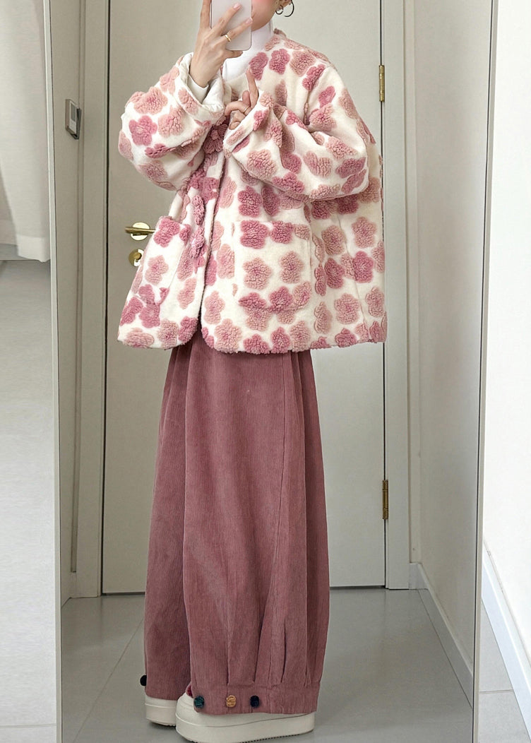 Pink Pockets Mink Velvet Coats and Wide Leg Pants Two Piece Set Winter