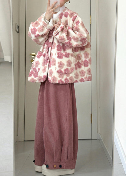 Pink Pockets Mink Velvet Coats and Wide Leg Pants Two Piece Set Winter
