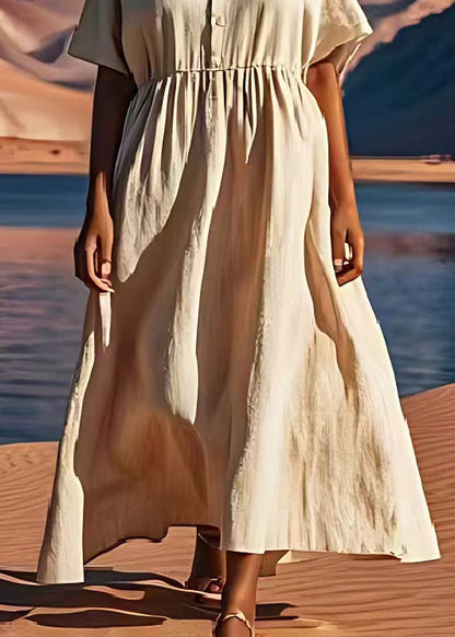 Beige V Neck Wrinkled Patchwork Linen Dress Summer