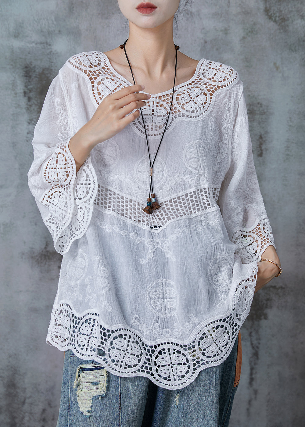 White Oversized Patchwork Lace Cotton Blouses Flare Sleeve