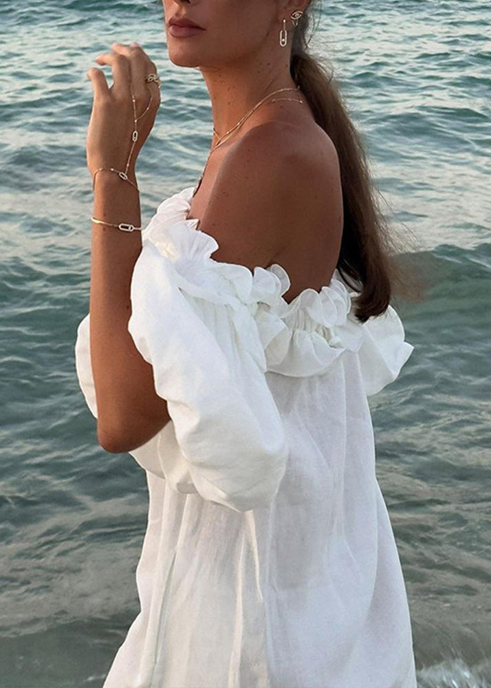 White Slash Neck Ruffled Side Open Cotton Vacation Dresses Puff Sleeve