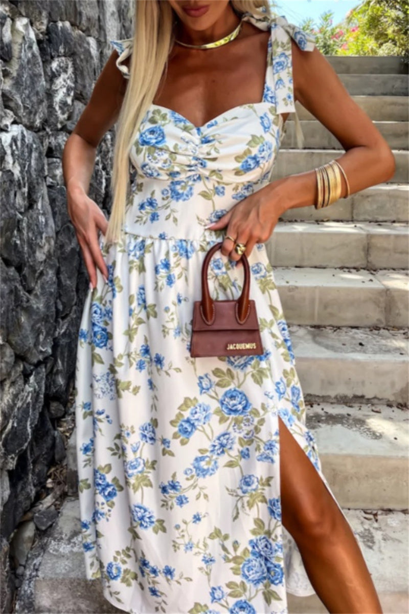 Color Print Backless Slit Belted Spaghetti Strap Sleeveless Dresses(7 Colors)