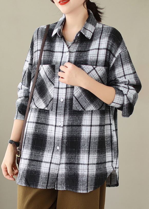 Black Pockets Plaid Cotton Shirts Coat Peter Pan Collar Fall