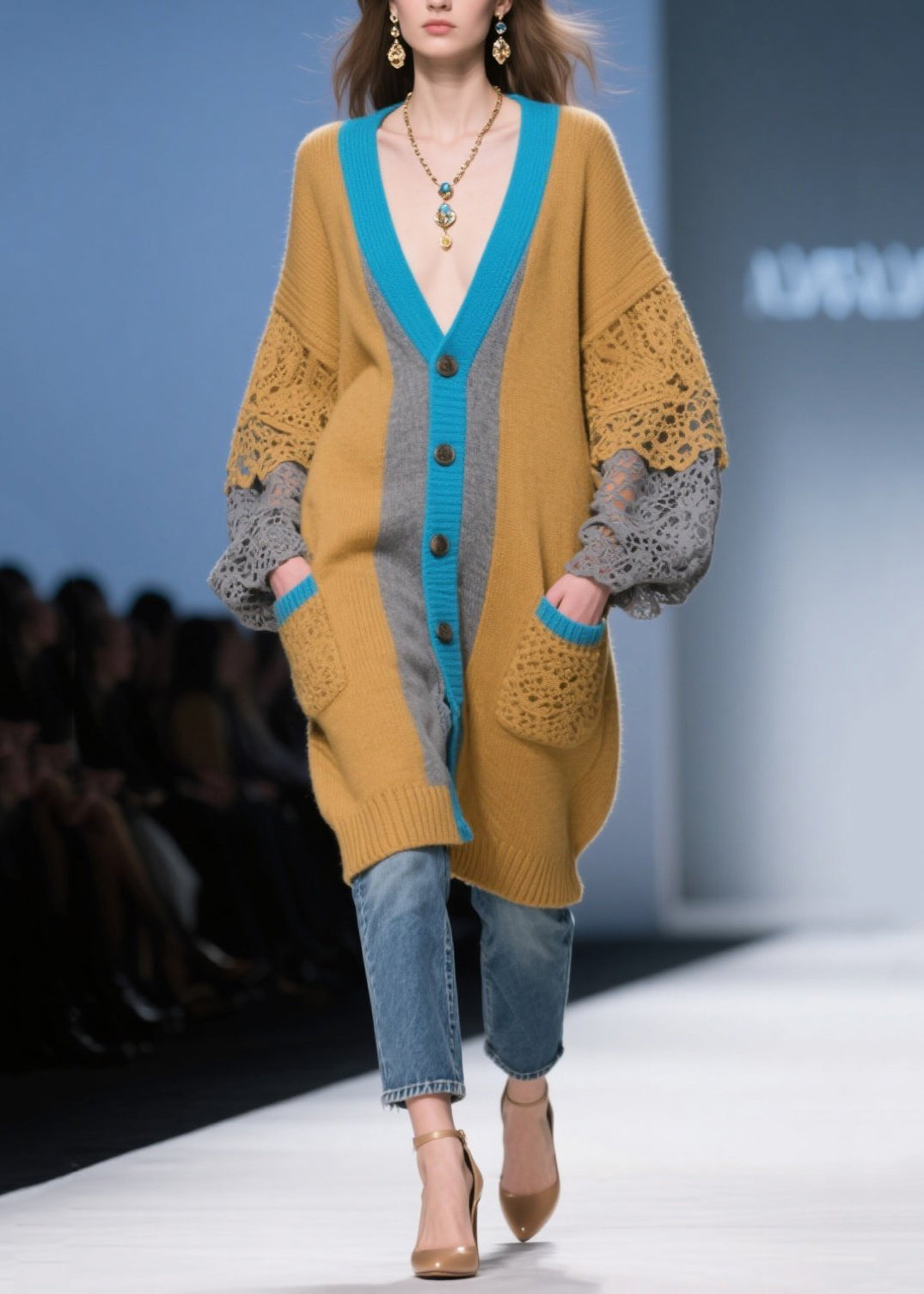 Brown Oversized Patchwork Lace Knit Cardigans Fall