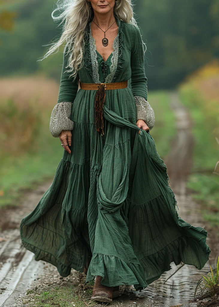 Green Lace Wrinkled Patchwork Cotton Long Dress Spring