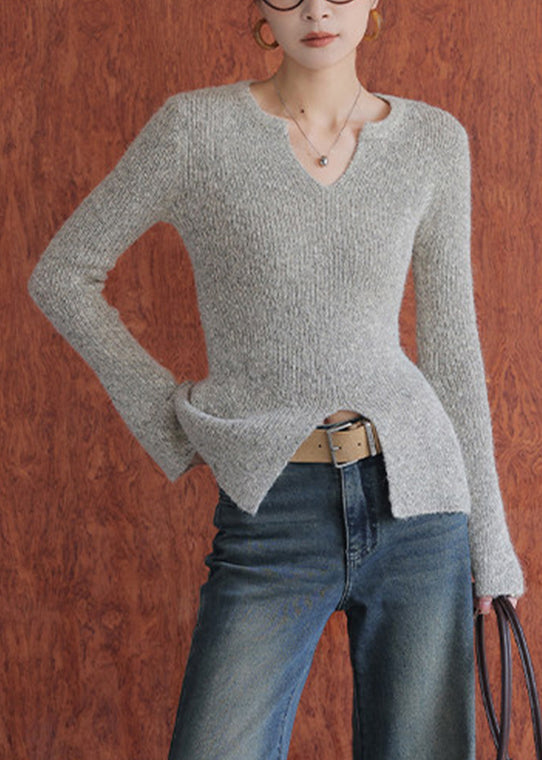 Oat Color V Neck Side Open Cotton Knit Sweaters Flare Sleeve
