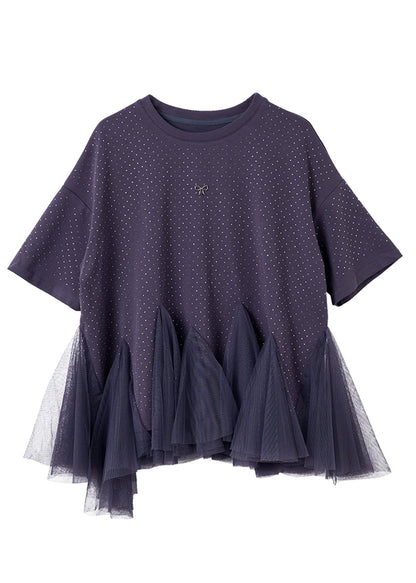 Grey O-neck Tulle Patchwork Zirco Knit T Shirt Short Sleeve