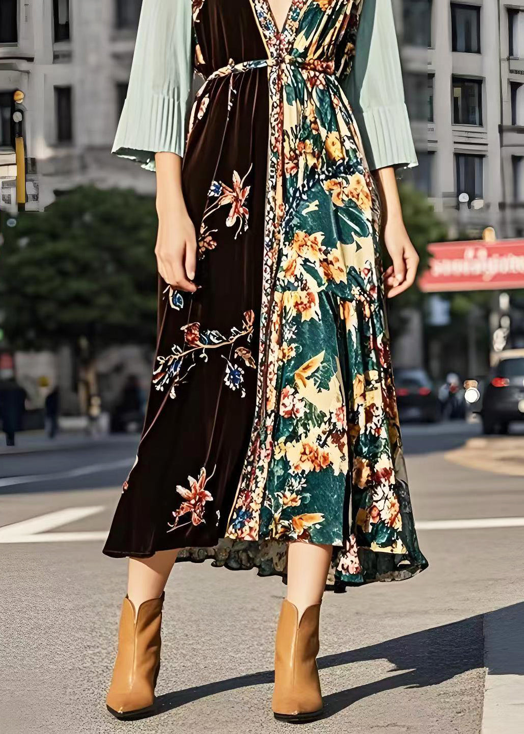 Boutique Deep-v Neck Patchwork Silk Velvet Holiday Dresses Bracelet Sleeve