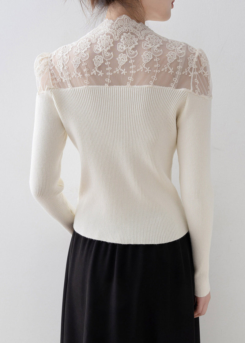 Apricot V Neck Lace Patchwork Knit Sweater Spring