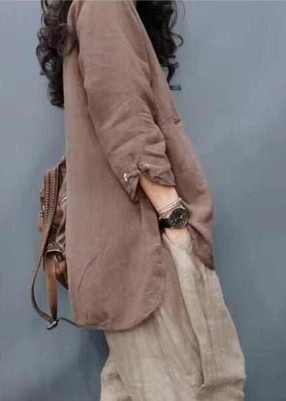 Chocolate Mandarin Collar Button Cotton Linen Coat Long Sleeve