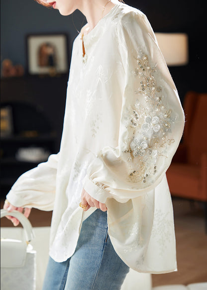 Jacquard White Sequins Nail Bead Chiffon Tops Long Sleeve