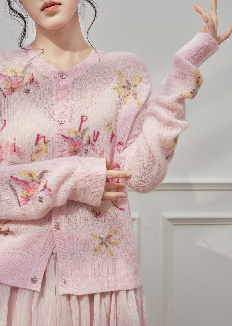 Pink O-neck Print Button Knit Cardigans Spring