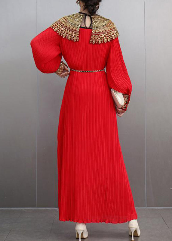 Classy Red O-neck Sequins Sashes Holiday Maxi Dress Lantern Sleeve