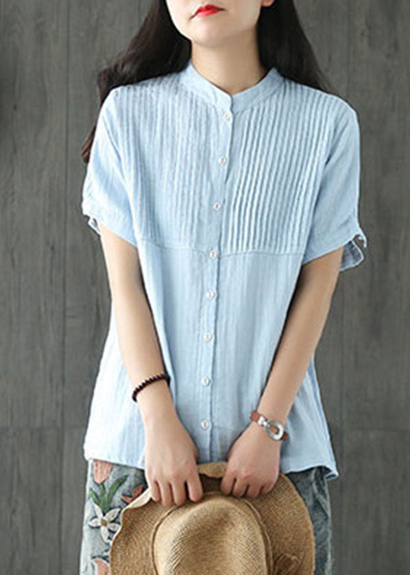 Light Blue Stand Collar Wrinkled Button Linen Blouse Tops Short Sleeve