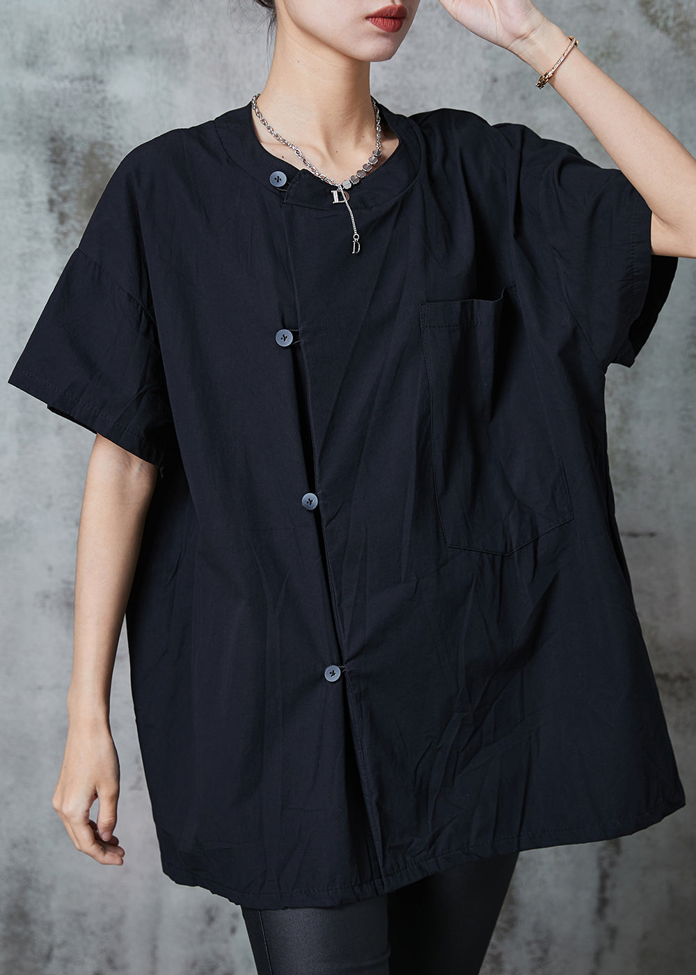 Black Oversized Pocket Cotton Shirt Tops Summer