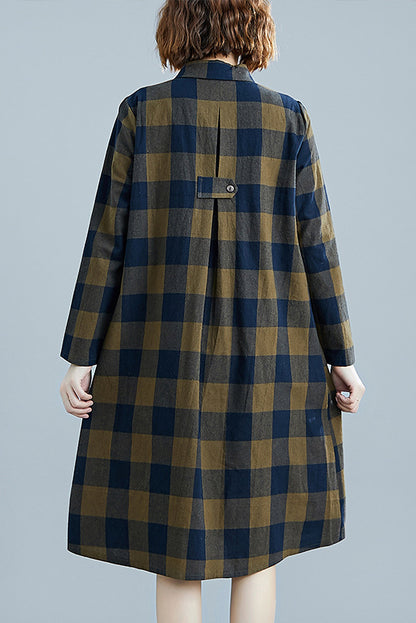 -retro Long-sleeved Shirt Cotton Linen Plaid Dress