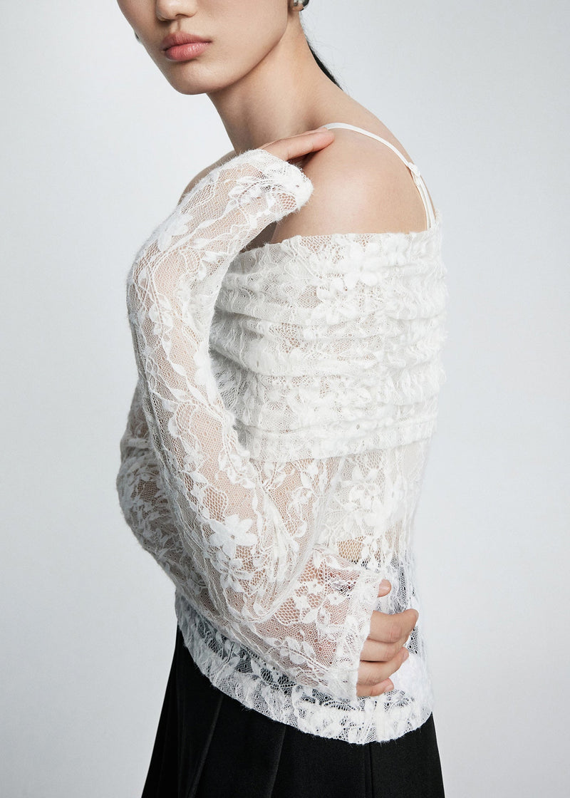 White Cold Shoulder Slim Fit Lace T Shirts Fall