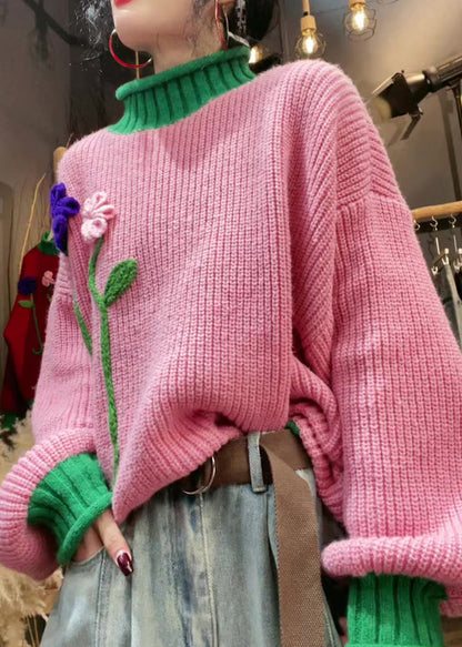 Stylish Pink Hign Neck Patchwork Knit Sweater Winter